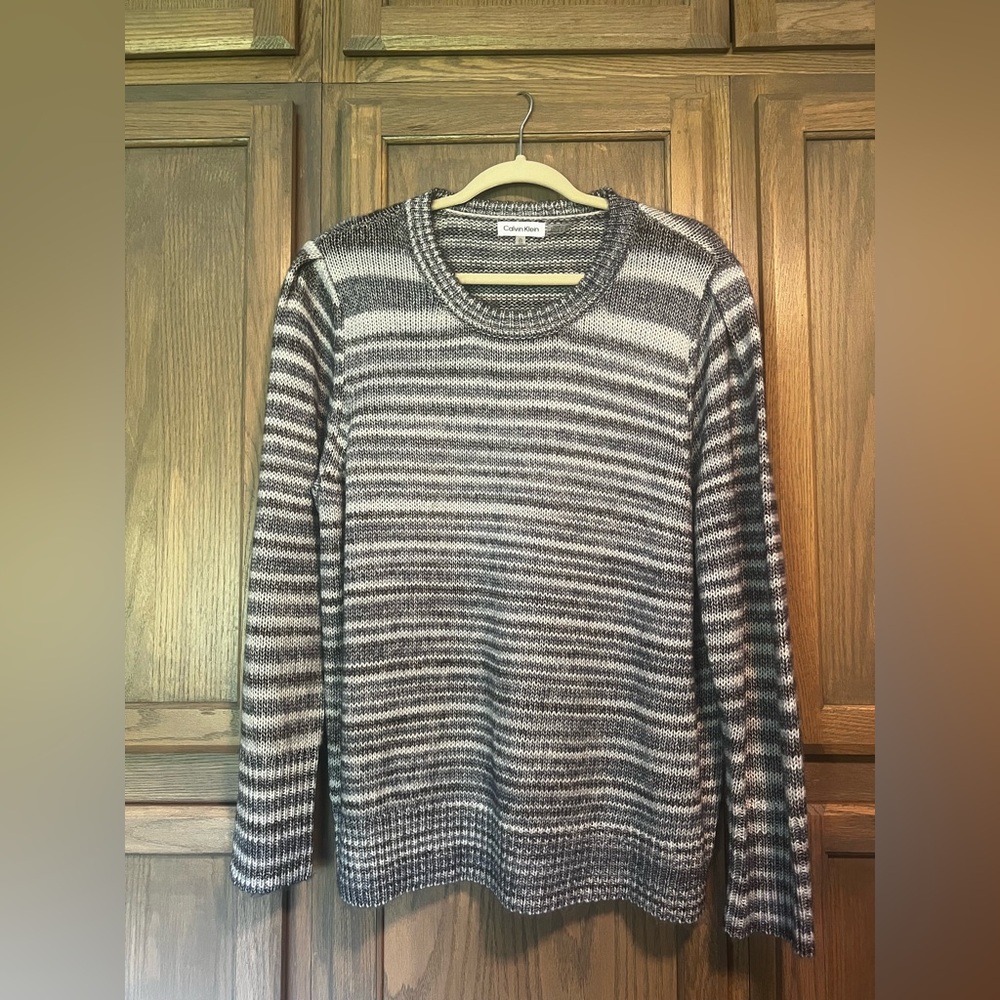 Calvin Klein Women’s Blue and Gray Striped Crewneck Sweater